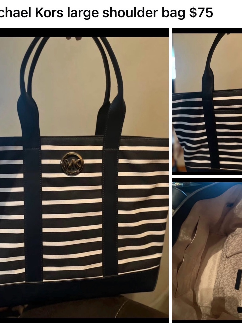 Michael Kors Navy and White Striped Tote with Gold MK Emblem